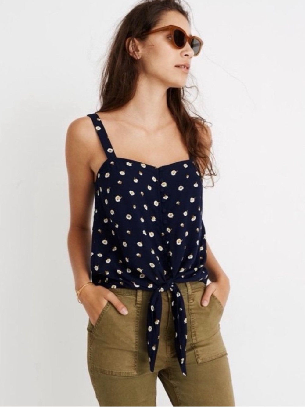 Madewell Navy Floral Tie-Front Cami Top